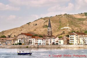 Terraced vineyards on very steep slopes in the northern Rhone Valley, Hermitage Hill and Tain village